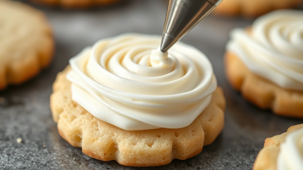 detail: close-up of a piping bag with frosting being piped onto a sugar cookie, showing the smooth texture and beautiful swirl, photorealistic, natural light, no text, shallow depth of field