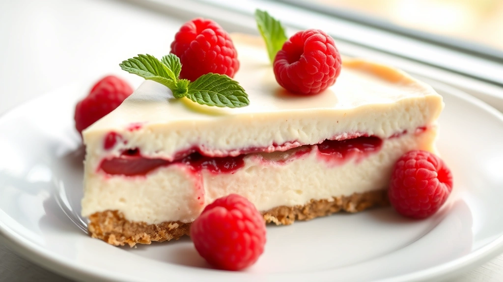 hero: slice of creamy sugar-free cheesecake with almond flour crust on white plate, topped with fresh raspberries and mint, photorealistic, natural window light, no text