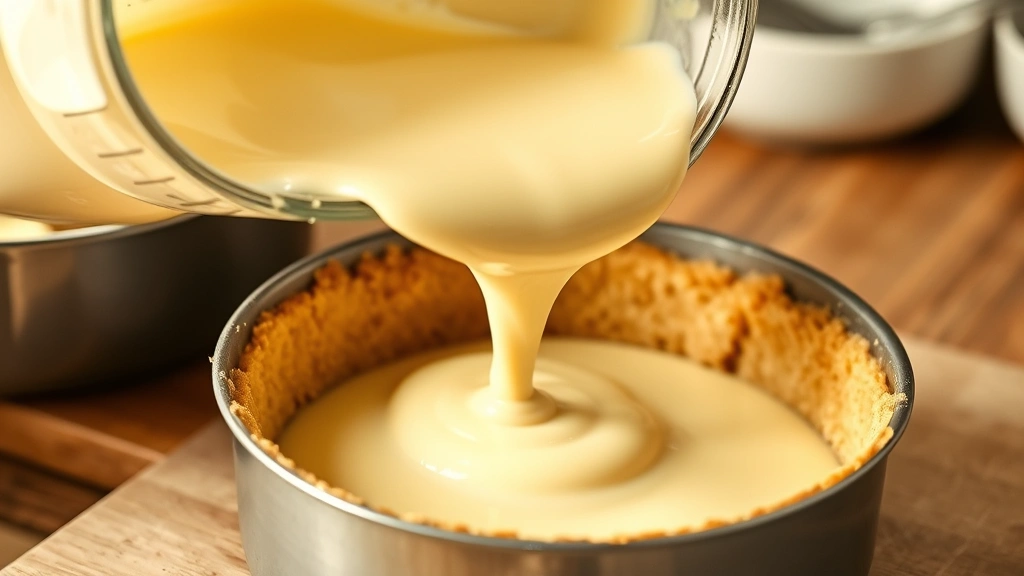 process: pouring smooth cheesecake filling into prepared crust in springform pan, photorealistic, warm kitchen lighting, no text