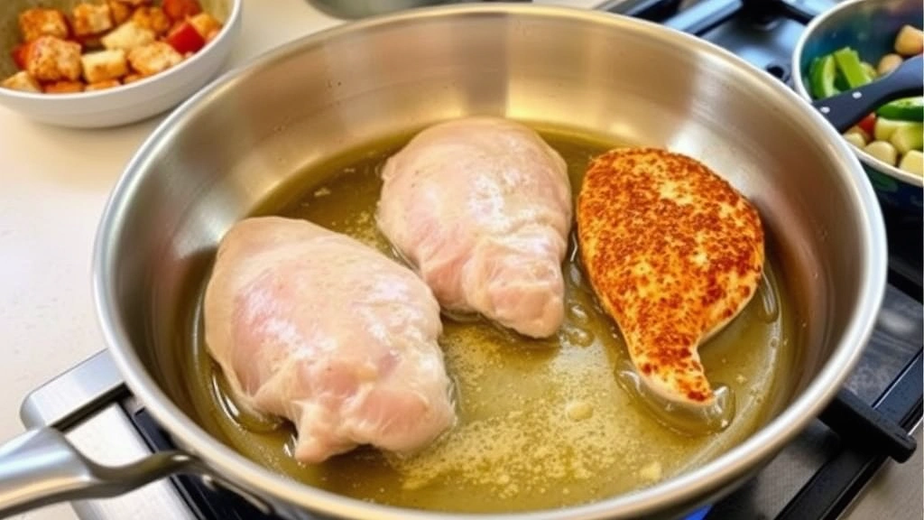 process: searing chicken breasts in butter in stainless steel skillet, golden brown crust forming, vegetable mise en place visible, kitchen counter setup, natural window light, no text