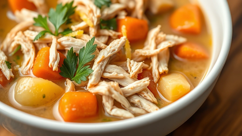 detail: close-up of finished dish in white bowl, tender shredded chicken, carrots and potatoes visible, fresh parsley and lemon zest garnish, creamy broth, macro photography, natural light, no text