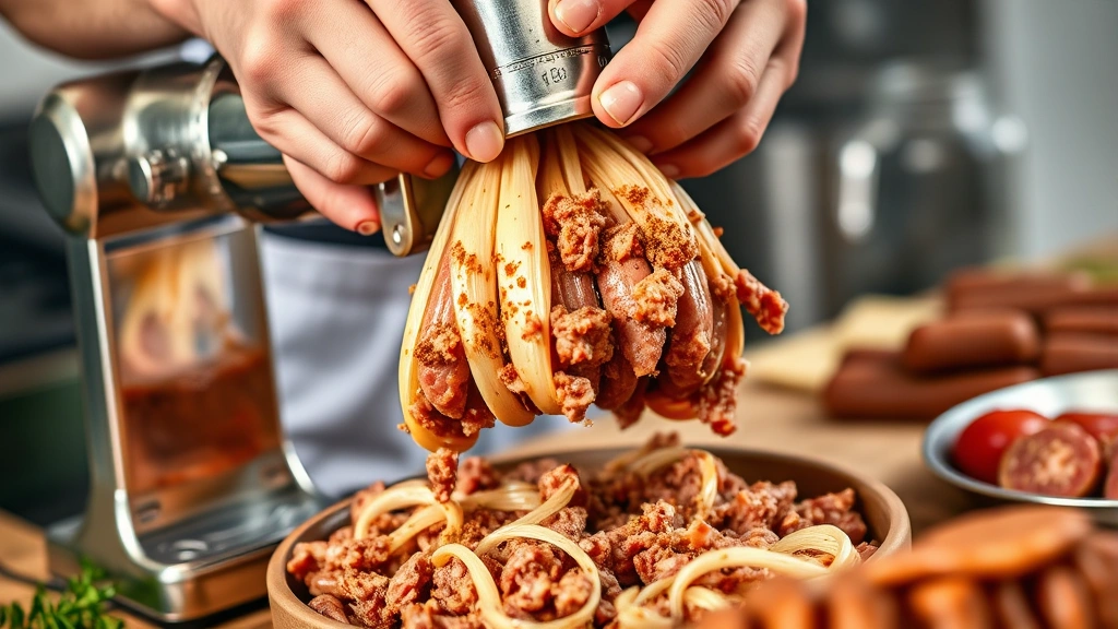 process: hands stuffing spiced meat mixture into hog casings using a sausage stuffer, photorealistic, bright kitchen lighting, no text
