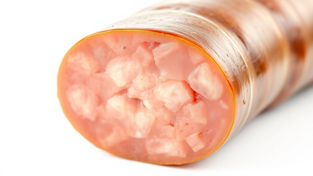 detail: close-up cross-section of finished summer sausage showing perfect pink cure color and texture, photorealistic, natural light on white background, no text