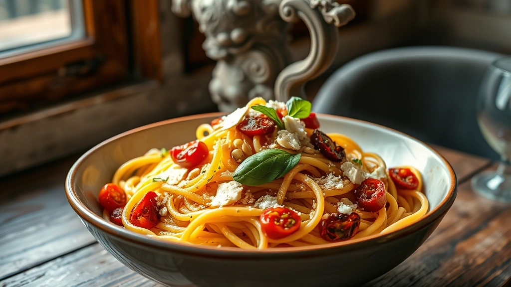 hero: Steaming bowl of spaghetti with sun-dried tomatoes, fresh basil, Parmesan cheese, and pine nuts, golden olive oil coating, natural window lighting, rustic Italian table setting, no text