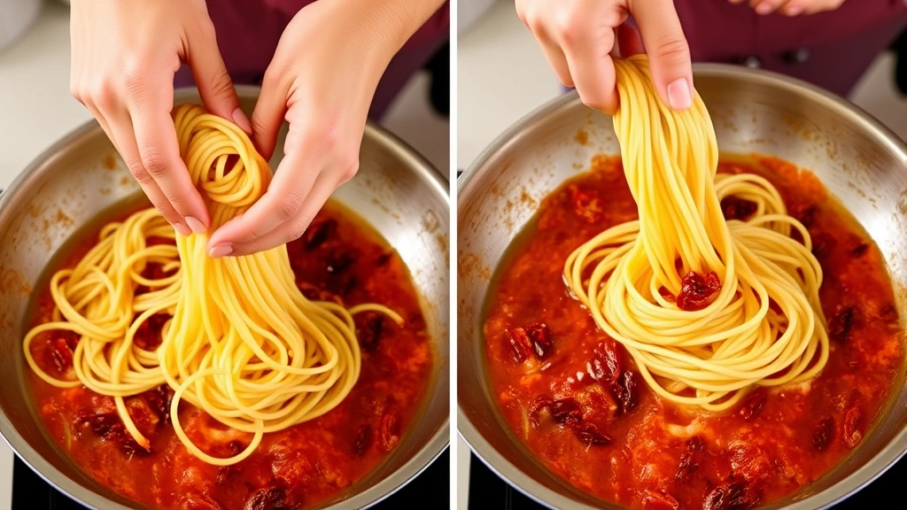 process: Hands tossing pasta with sun-dried tomato sauce in large skillet, pasta water creating silky emulsion, garlic visible in oil, warm kitchen lighting, no text
