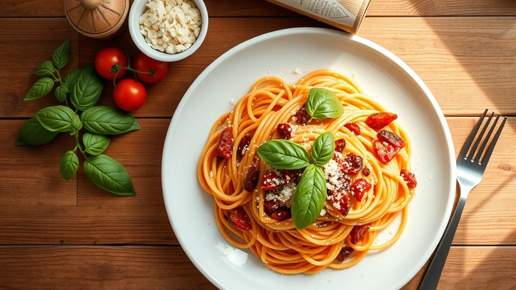 hero: overhead flat lay of creamy sun-dried tomato pasta on white ceramic plate with fresh basil garnish and grated cheese, natural window light, wooden table background, no text or watermarks
