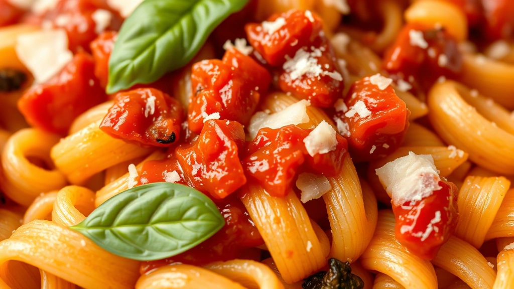 detail: close-up macro shot of individual pasta pieces coated in glossy sun-dried tomato sauce with visible garlic, fresh basil leaf, and parmesan shavings, shallow depth of field, natural light, no text