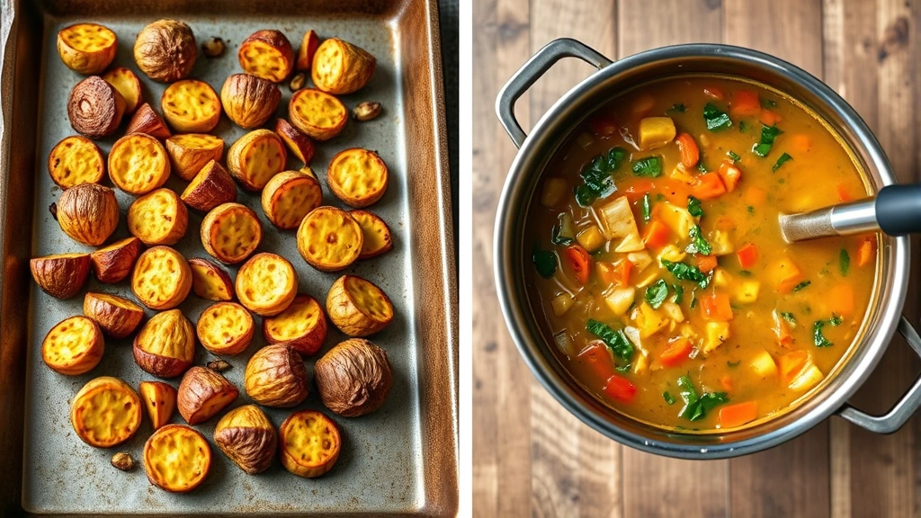 process: roasted golden sunchokes on baking sheet, vegetables sautéing in pot, soup blending with immersion blender, photorealistic, natural daylight, no text