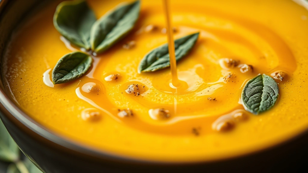 detail: close-up of creamy sunchoke soup with sage garnish, golden color, truffle oil drizzle catching light, shallow depth of field, no text