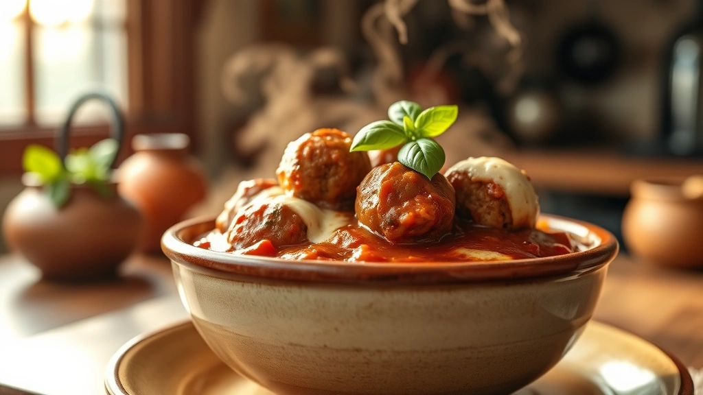 hero: steaming bowl of Sunday Gravy with meatballs and fresh basil on top, pasta underneath, melted mozzarella, rustic Italian ceramic bowl, warm golden lighting from a window, shallow depth of field, cozy kitchen background