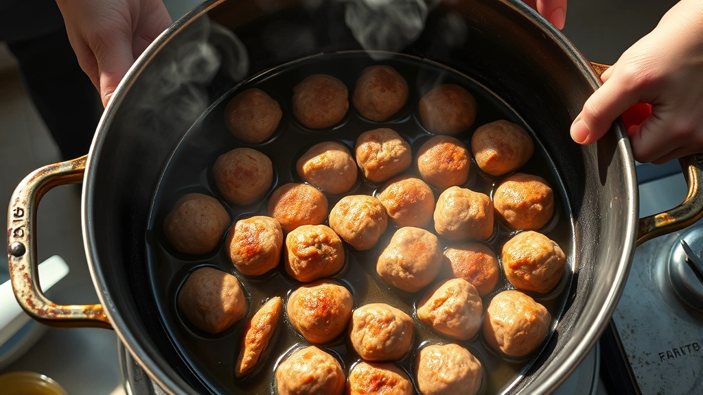 process: meatballs browning in a large heavy pot with oil sizzling, chef's hands visible, steam rising, natural afternoon light streaming in, overhead angle showing the beautiful browning process