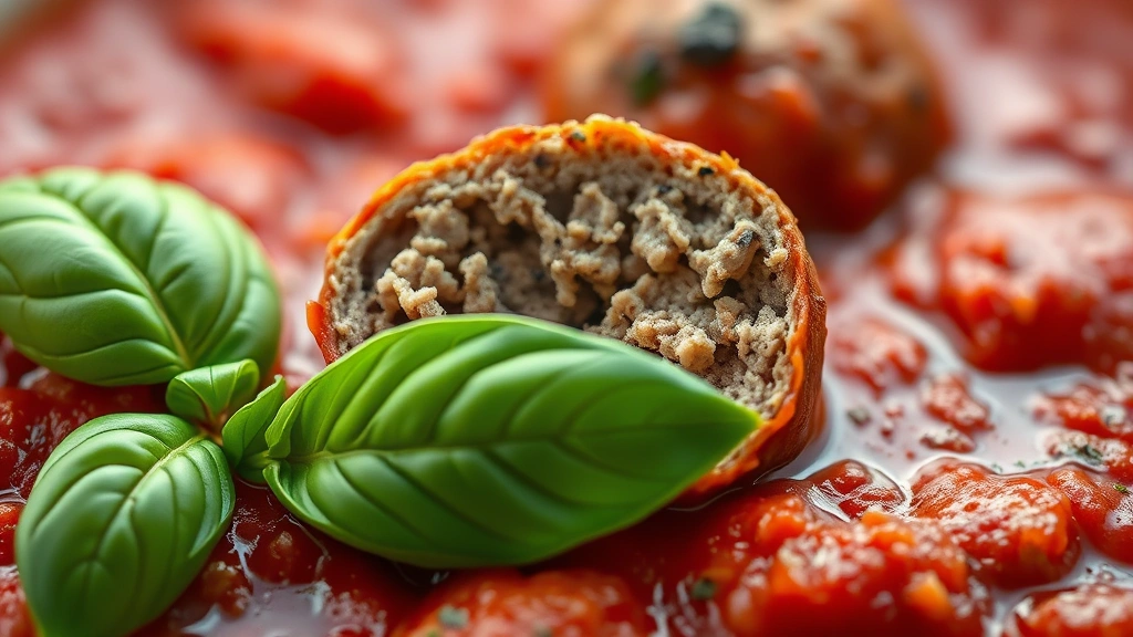 detail: close-up of a single meatball cross-section showing tender interior, surrounded by rich red sauce with fresh basil leaf, macro photography, shallow depth of field, authentic Italian presentation