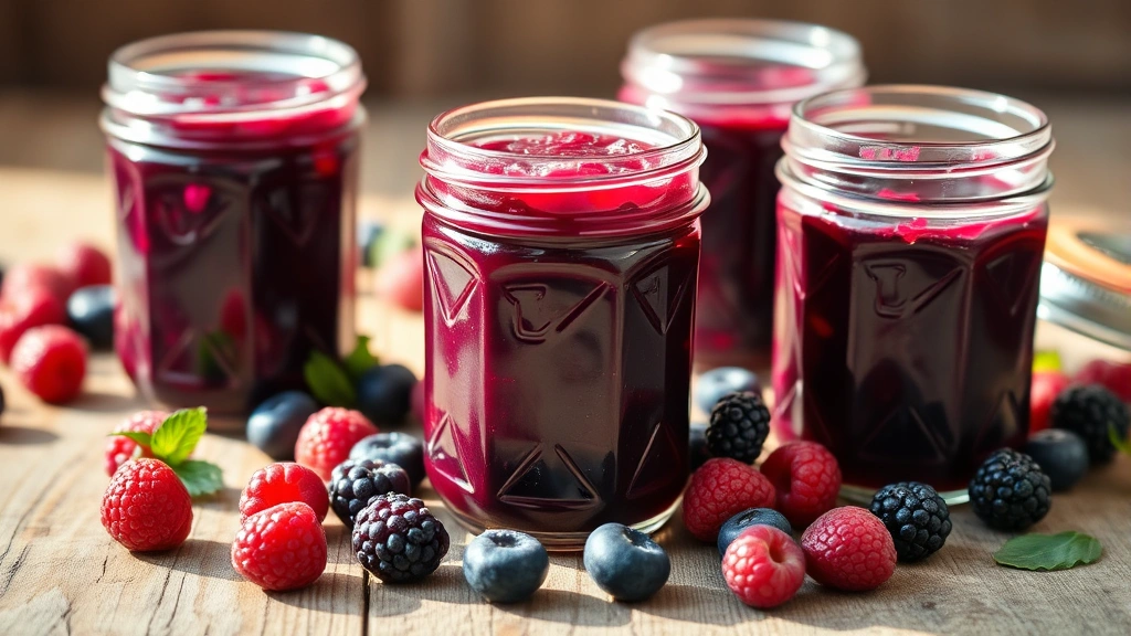 hero: vibrant homemade freezer jam in glass jars with fresh berries scattered around, sunlight streaming through showing jam's glossy texture and rich color, rustic wooden table, no labels visible