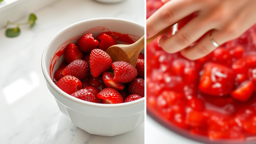 process: hand mashing fresh strawberries in white ceramic bowl with wooden masher, close-up action shot capturing fruit texture and juice, bright natural window light, clean kitchen counter