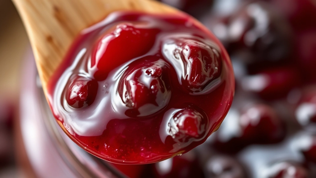 detail: close-up macro shot of jam's texture and berry pieces, wooden spoon holding jam showing thickness and consistency, natural diffused light highlighting glossy surface, shallow depth of field