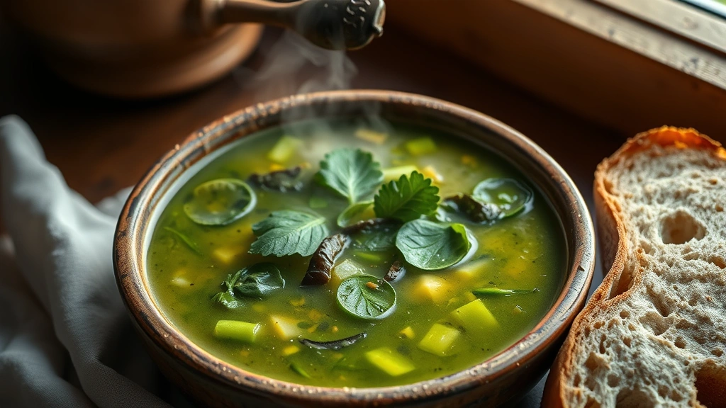 hero: steaming bowl of green swamp soup with leafy greens and vegetables visible, warm natural lighting from side, rustic ceramic bowl, crusty bread beside bowl, no text, appetizing and inviting