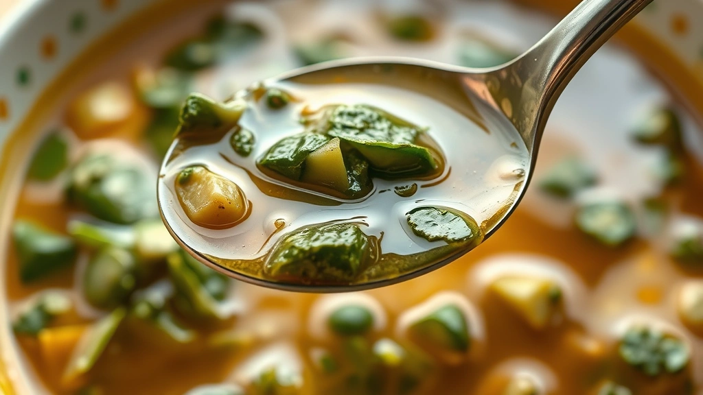 detail: close-up of spoon lifting soup showing texture of greens and vegetables, steam rising, golden broth, fresh herbs visible, warm natural lighting, no text