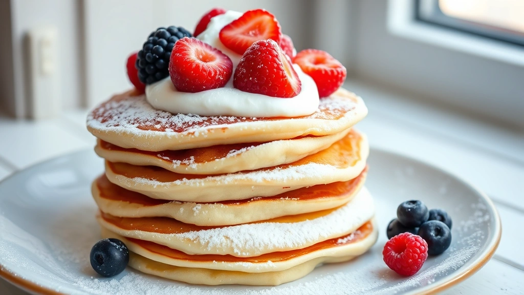 hero: stack of Swedish pancakes dusted with powdered sugar and topped with fresh berries and whipped cream, photorealistic, natural window light, no text