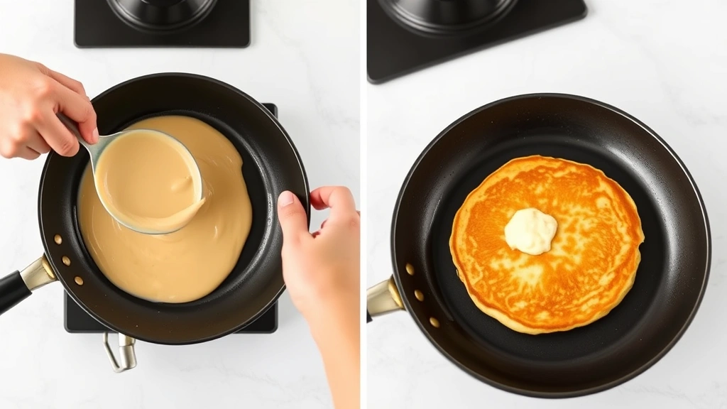 process: hand tilting skillet to spread thin pancake batter evenly, golden pancake in non-stick pan, photorealistic, natural light, no text
