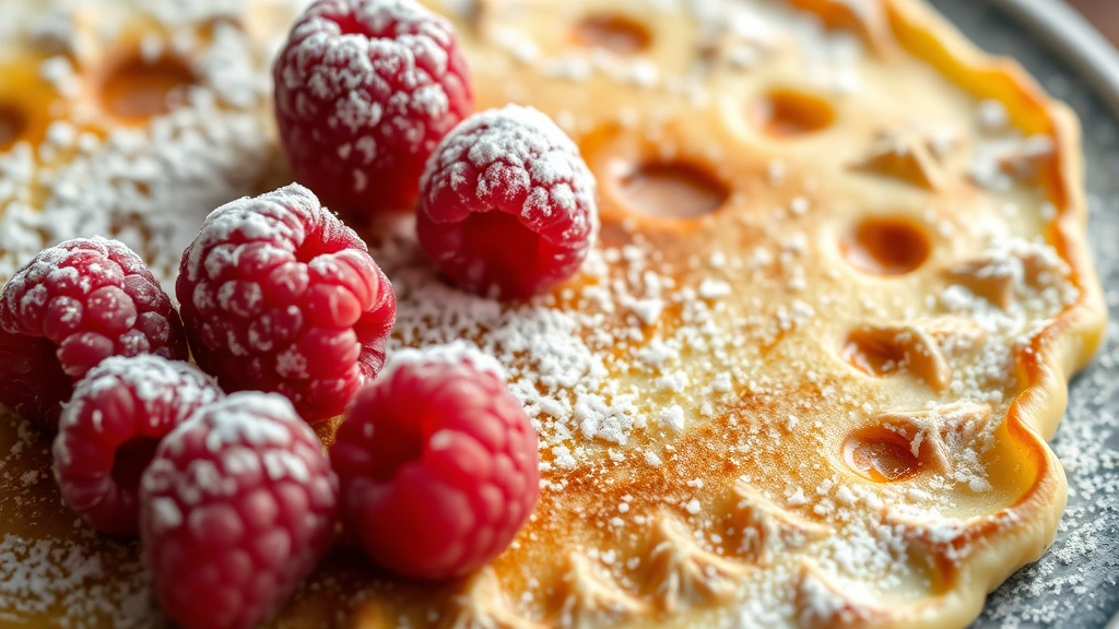 detail: close-up of perfectly cooked Swedish pancake with golden edges, powdered sugar, and fresh raspberries, photorealistic, natural light, no text