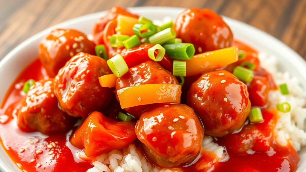 hero: glossy sweet and sour meatballs with bell peppers and onions over white rice, vibrant red sauce, garnished with green onions and sesame seeds, photorealistic, natural bright daylight from left, no text, professional food photography