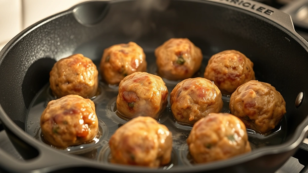 process: browning meatballs in cast iron skillet with oil sizzling, golden-brown spheres, mid-cooking stage, photorealistic, natural warm kitchen light, no text, close cooking perspective
