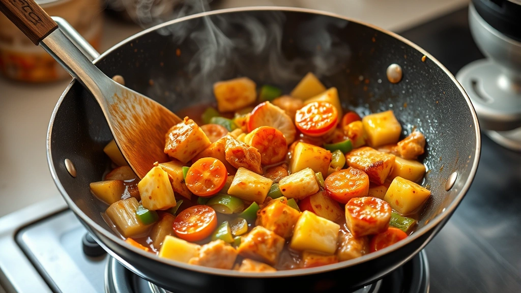 process: wok with golden crispy pork being tossed with colorful vegetables and pineapple in thick glossy sauce, steam rising, photorealistic, natural kitchen lighting, no text
