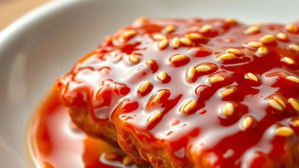 detail: close-up macro shot of single piece of crispy pork coated in glossy sweet and sour sauce with visible sesame seeds and sauce dripping, photorealistic, bright natural light, no text