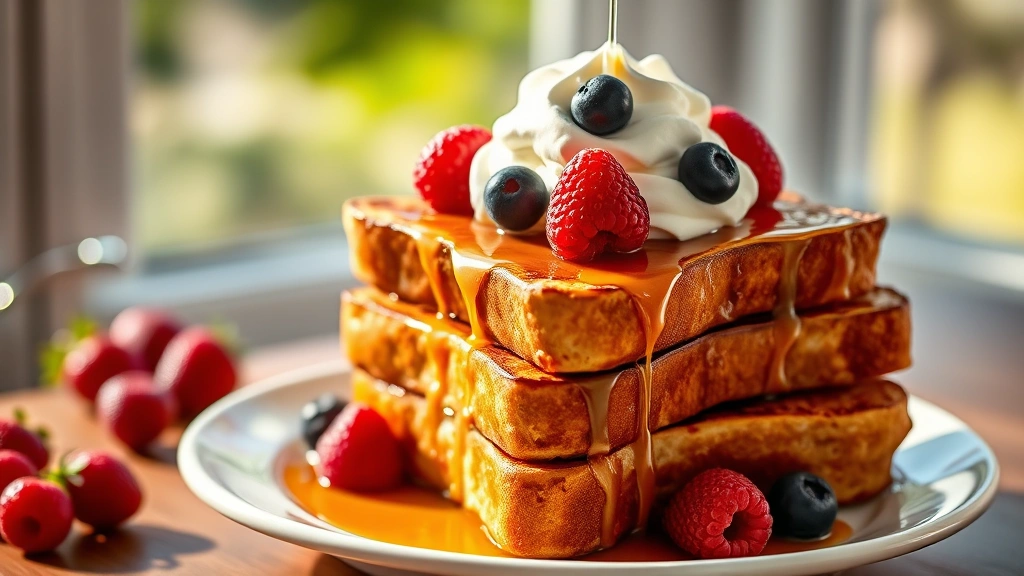 hero: golden-brown French toast stacked on white plate, topped with fresh berries and whipped cream, warm honey syrup dripping down sides, morning sunlight streaming through window, bokeh background, photorealistic, natural light, no text