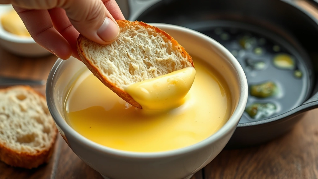 process: hand dipping brioche bread into creamy egg custard mixture in shallow bowl, butter sizzling in cast iron skillet in background, photorealistic, natural light, no text