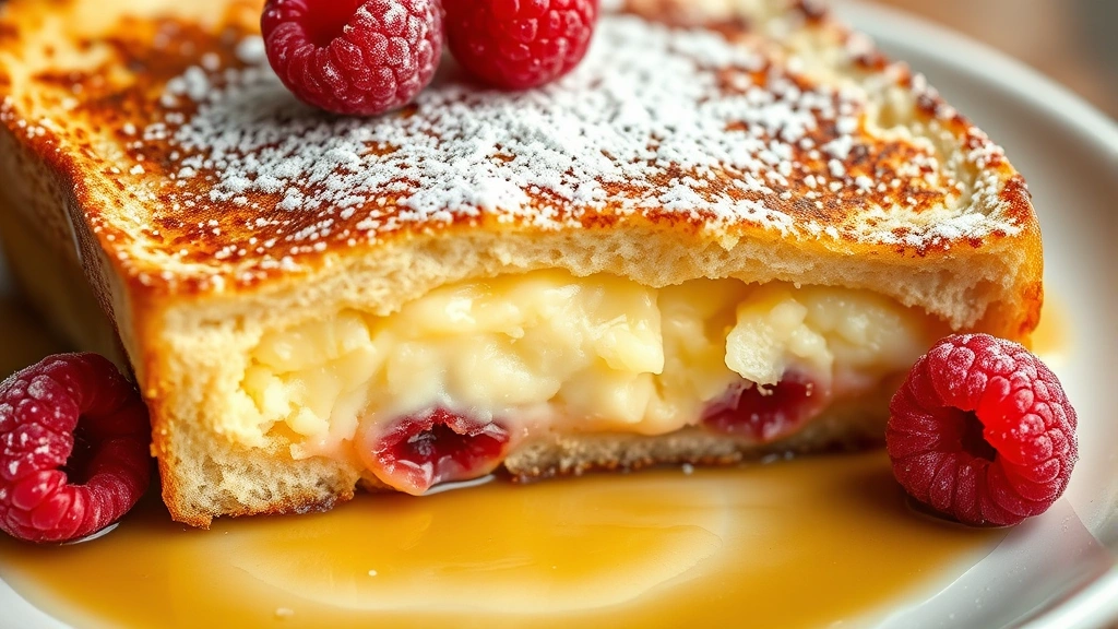 detail: close-up cross-section of French toast showing fluffy custardy interior and crispy golden exterior, fresh raspberries and powdered sugar on top, syrup pooling around plate, photorealistic, natural light, no text