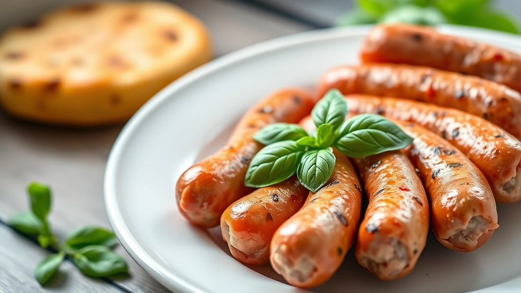 hero: freshly cooked sweet Italian sausage links arranged on a white ceramic plate with fresh basil garnish, golden brown crust, photorealistic, natural window light, professional food photography, no text
