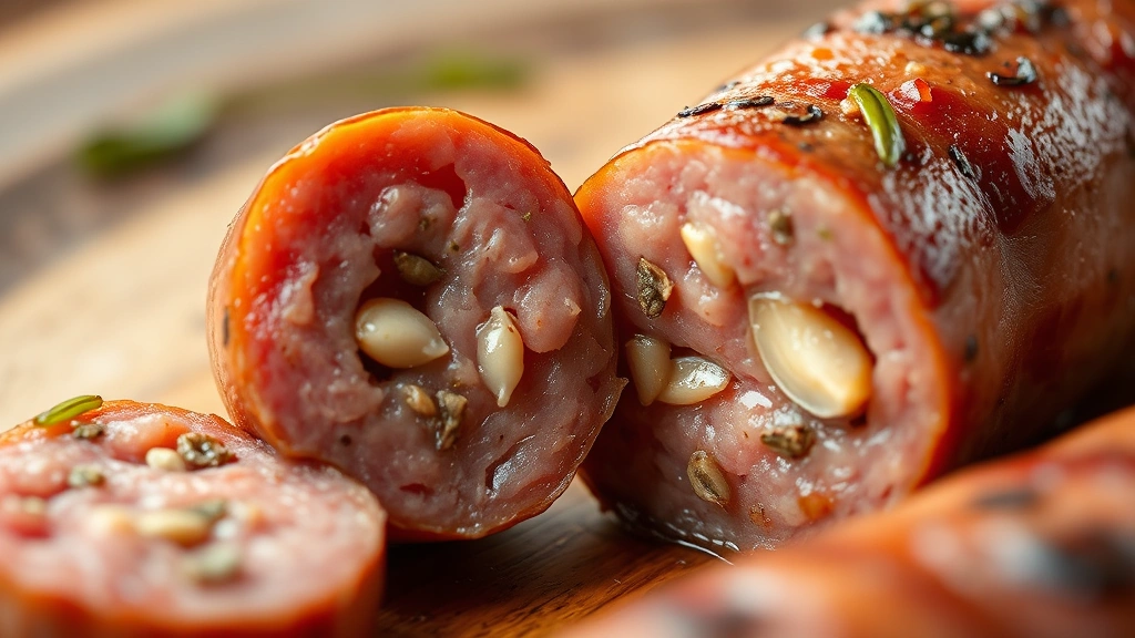 detail: macro close-up of cooked sausage link cut in half showing the tender interior with visible fennel seeds and garlic pieces, photorealistic, warm natural light, no text