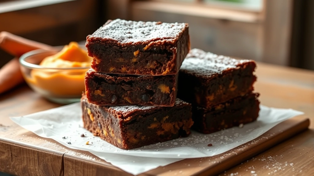 hero: Three stacked square sweet potato brownies with rich dark chocolate color and visible sweet potato texture, dusted with powdered sugar, natural window light, on a rustic wooden surface with a small bowl of sweet potato puree visible