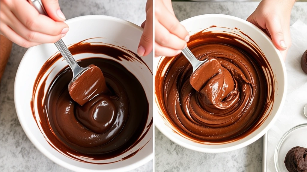 process: Hands folding chocolate-sweet potato batter with a spatula in a white ceramic bowl, melted dark chocolate visible, natural kitchen lighting, in-progress baking setup