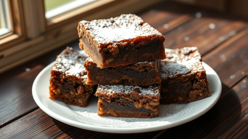 hero: plate of three fudgy sweet potato brownies stacked together, dusted with powdered sugar, natural window light, dark rustic wooden surface