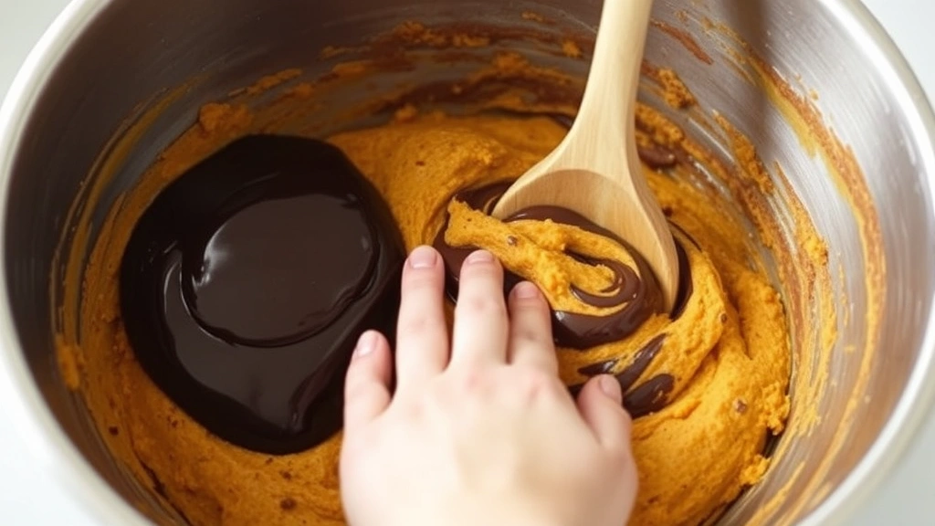 process: hand folding chocolate batter into sweet potato mixture with wooden spoon, metal bowl visible, natural kitchen lighting