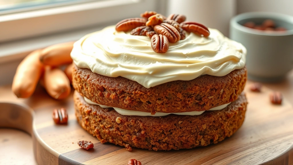 hero: rustic sweet potato layer cake with cream cheese frosting and candied pecans on top, photorealistic, natural window light, no text, wooden serving board