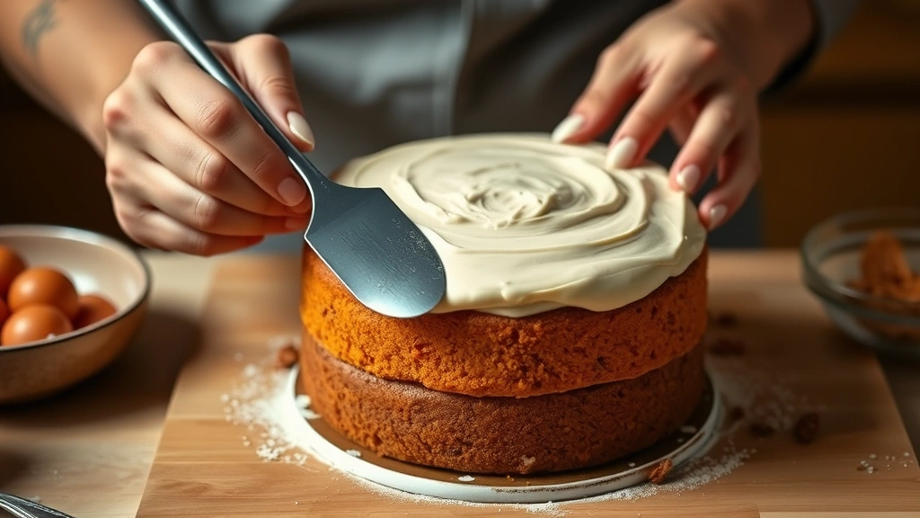 process: hands frosting the middle layer of sweet potato cake with offset spatula, photorealistic, warm kitchen lighting, no text