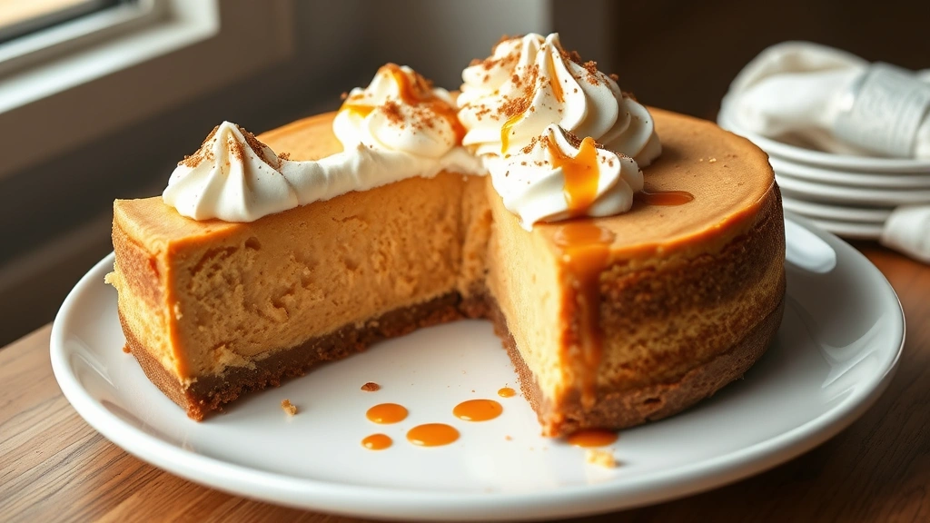 hero: whole sweet potato cheesecake on white plate with slice removed, topped with cinnamon whipped cream and caramel drizzle, photorealistic, soft natural window light, no text, professional styling