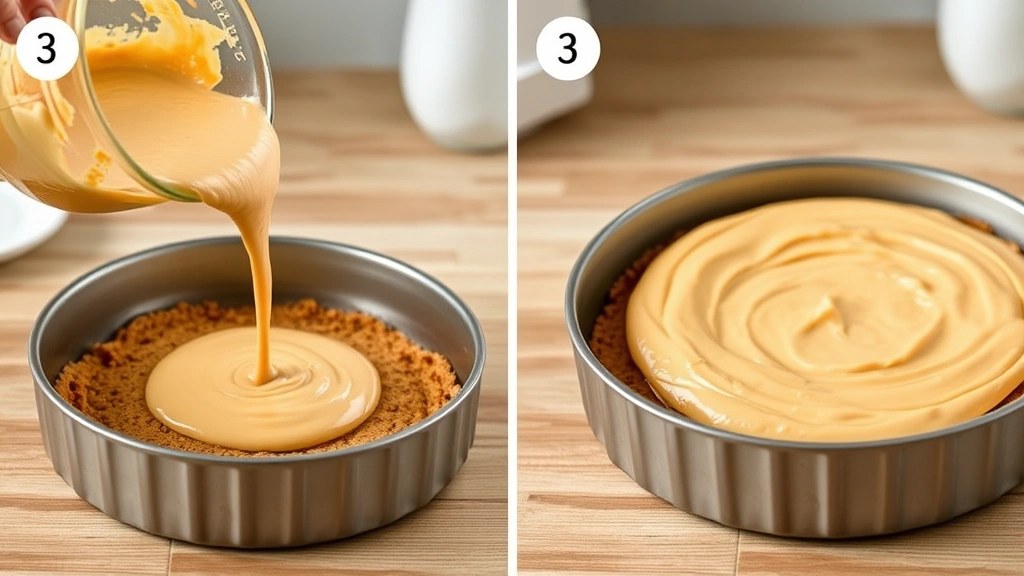 process: pouring sweet potato cream cheese filling into springform pan over graham cracker crust, photorealistic, natural kitchen light, no text
