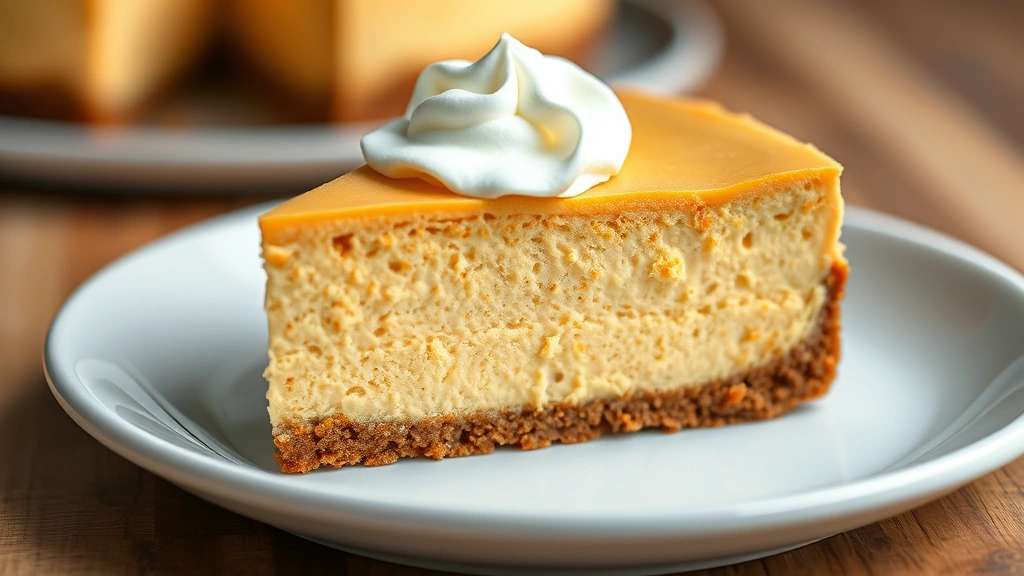detail: close-up of single slice of sweet potato cheesecake showing creamy texture and layers, topped with whipped cream, photorealistic, natural light, no text