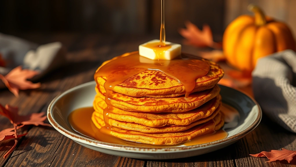 hero: stack of golden-brown sweet potato pancakes topped with butter and maple syrup, warm autumn lighting, rustic wooden table, photorealistic, natural light, no text