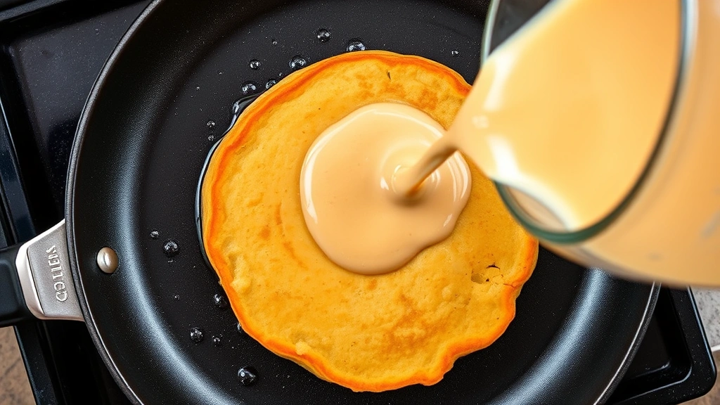process: pouring sweet potato pancake batter onto a buttered griddle with visible bubbles forming, pan from overhead angle, photorealistic, natural light, no text