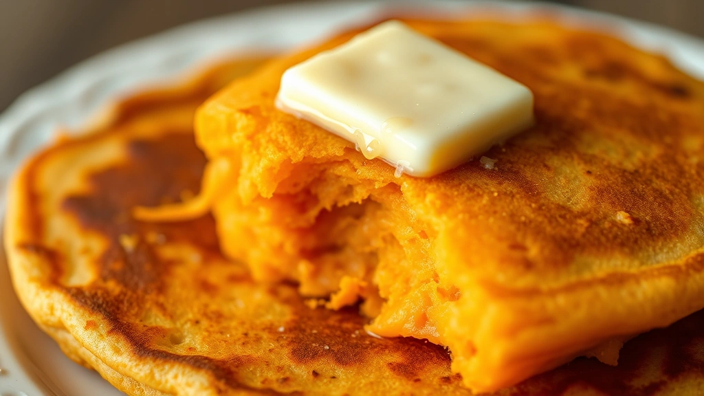detail: close-up of a single fluffy sweet potato pancake with butter melting on top, golden brown exterior, soft orange interior visible, photorealistic, natural light, no text