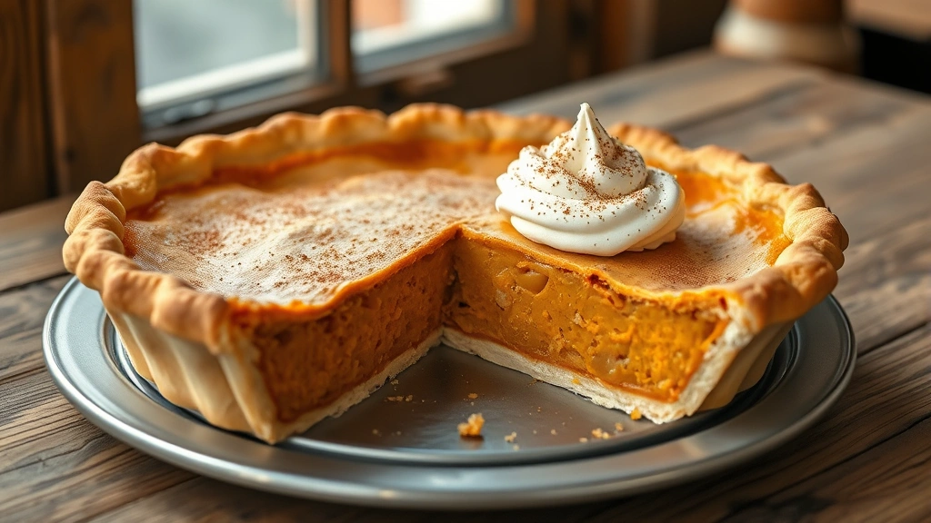 hero: whole sweet potato pie with golden crust, creamy filling visible in one slice, topped with fresh whipped cream and cinnamon dust, photorealistic, natural window light, on rustic wooden table, no text
