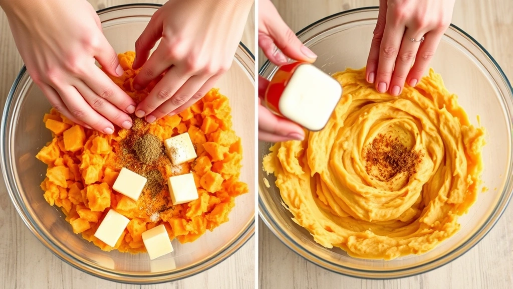 process: hands folding mashed sweet potatoes into creamy butter mixture in large glass bowl, spices visible being sprinkled, photorealistic, natural kitchen light, no text