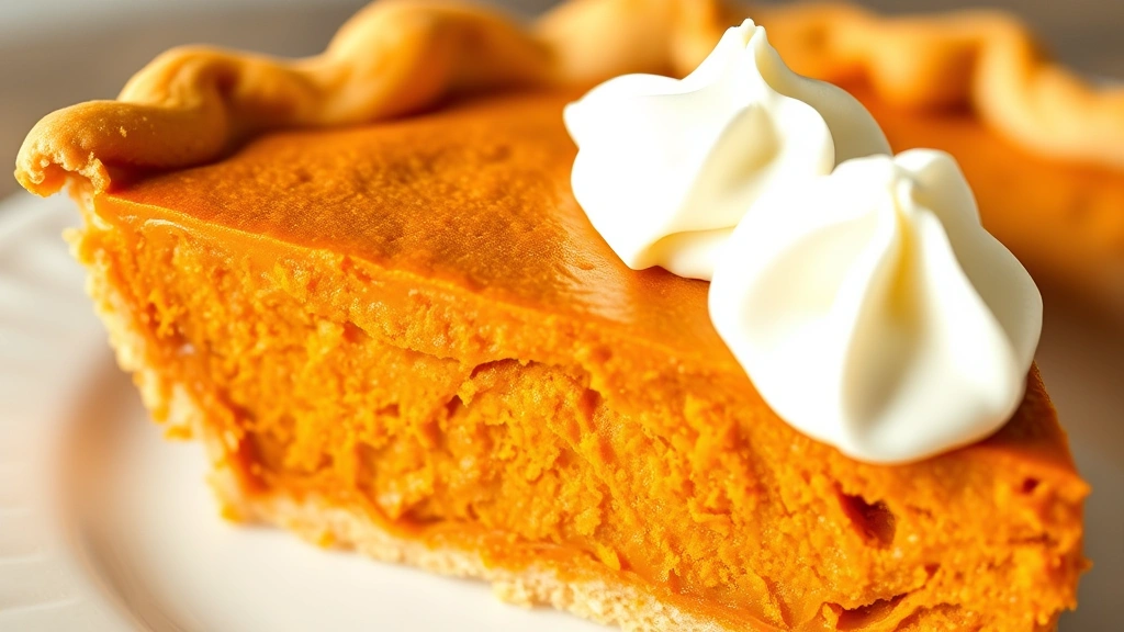 detail: close-up cross-section of baked sweet potato pie showing velvety creamy filling texture, golden crust edge, single slice with whipped cream dollop, photorealistic, natural light, no text