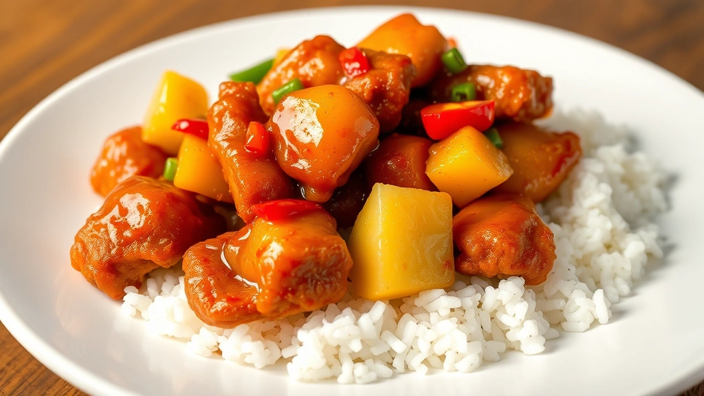 hero: golden crispy sweet and sour pork with glossy sauce, fresh bell peppers and pineapple chunks on white plate with steamed white rice, photorealistic, natural daylight from left, no text