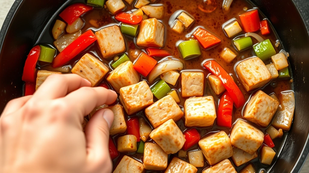 process: hand stirring pork cubes in cast iron skillet with red and green bell peppers and onions, glossy brown sauce coating ingredients, photorealistic, natural kitchen lighting, no text